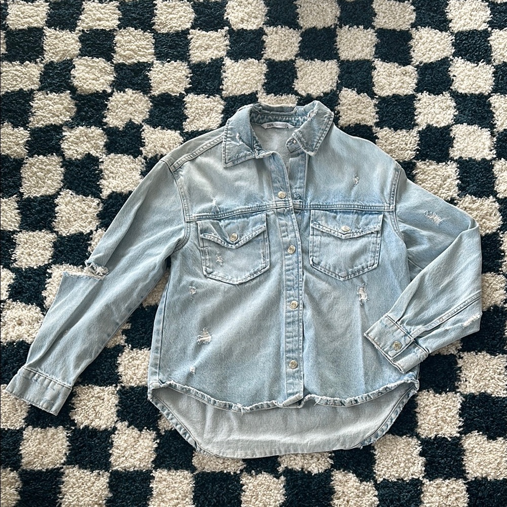 Zara Light Blue Distressed Denim Jacket
